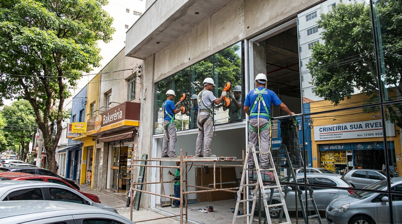 Fachada de vidro com confeitaria vizinha em Macaé-RJ