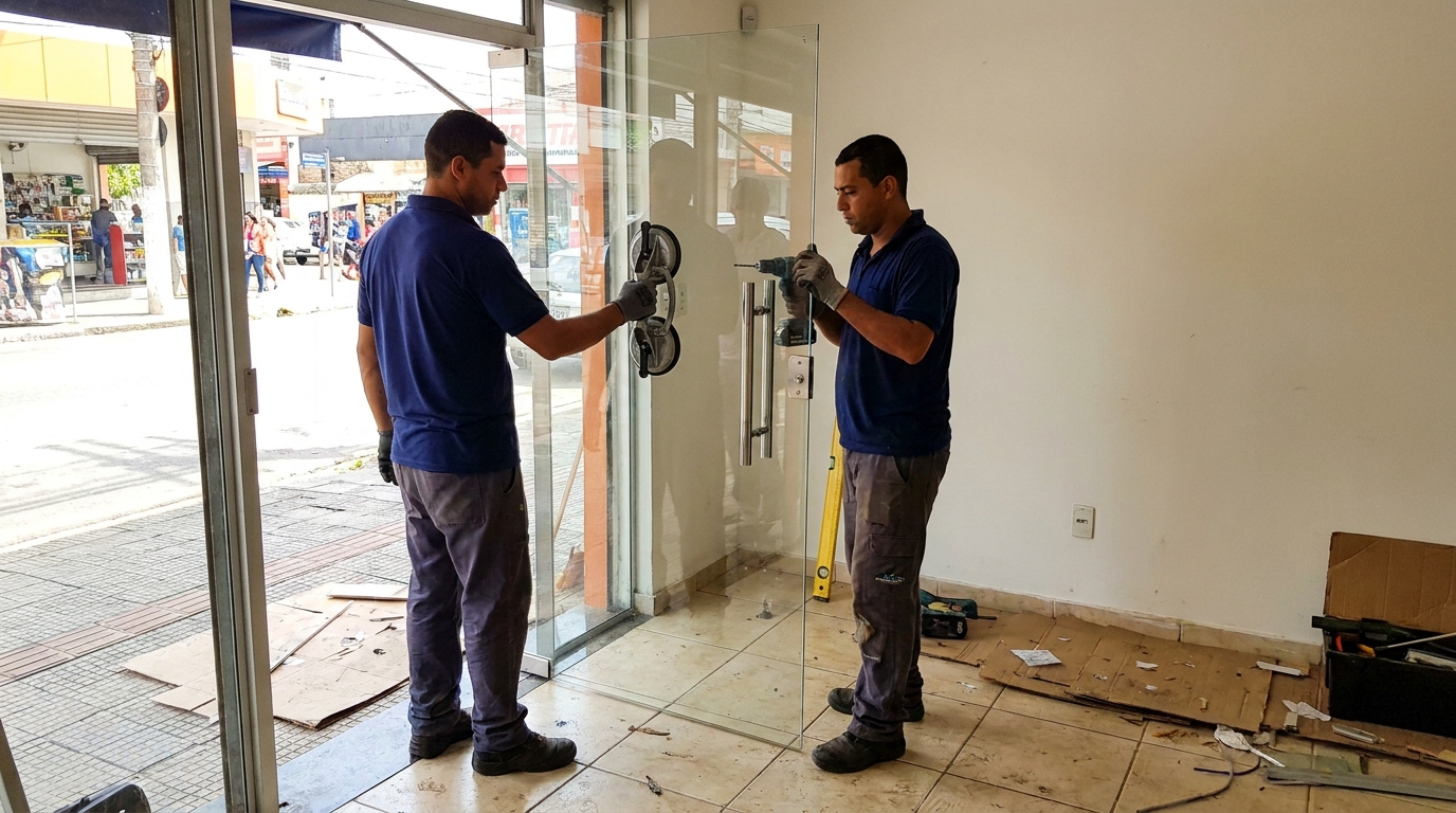 Porta de vidro de loja em rua movimentada em Macaé-RJ