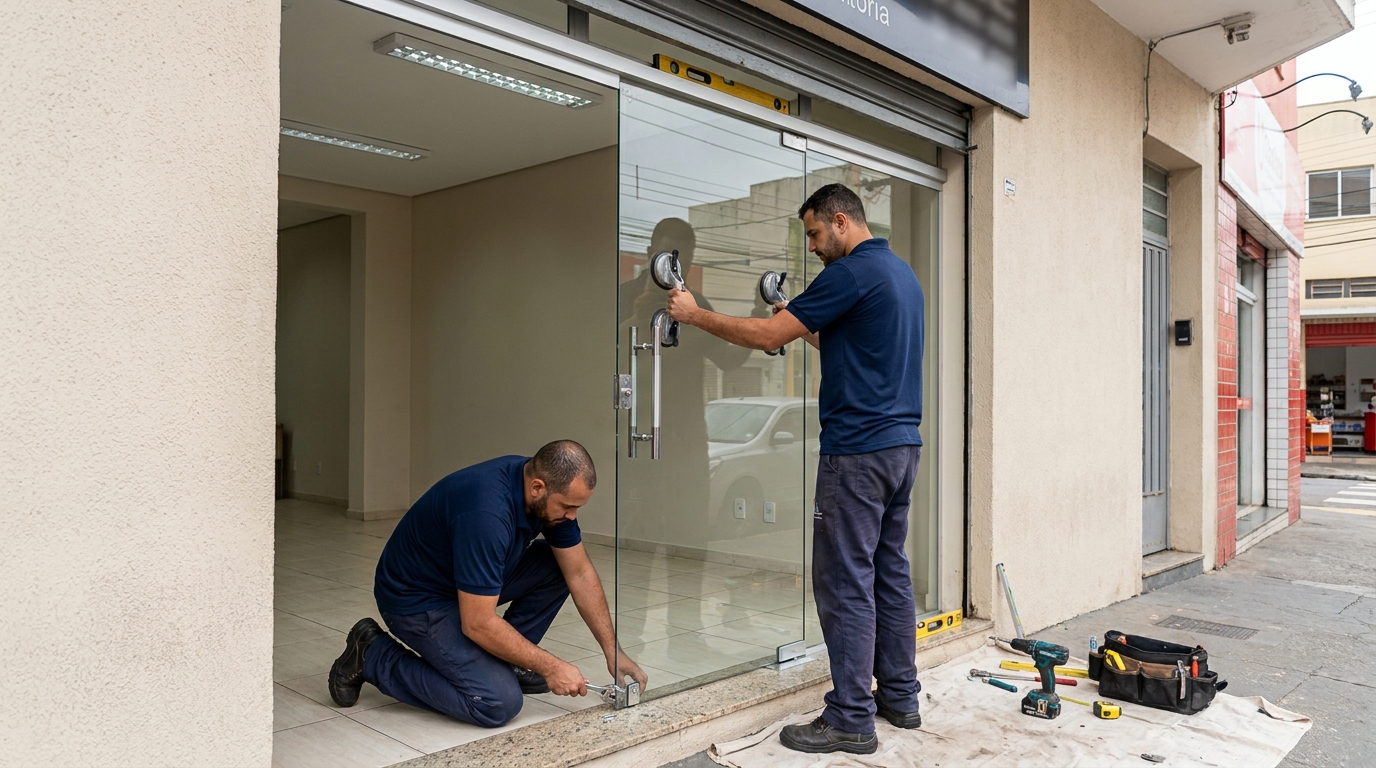 Porta de vidro com puxador inox em Macaé-RJ